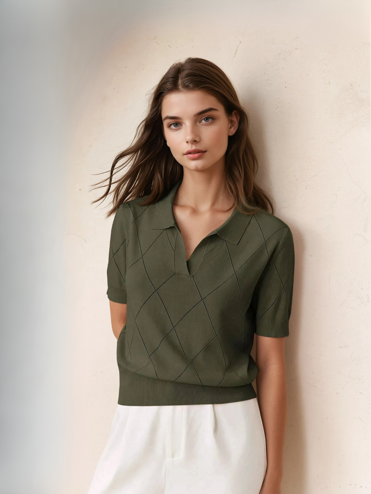 Diamond Knit Polo Collar Short Sleeve Pullover Soft Casual