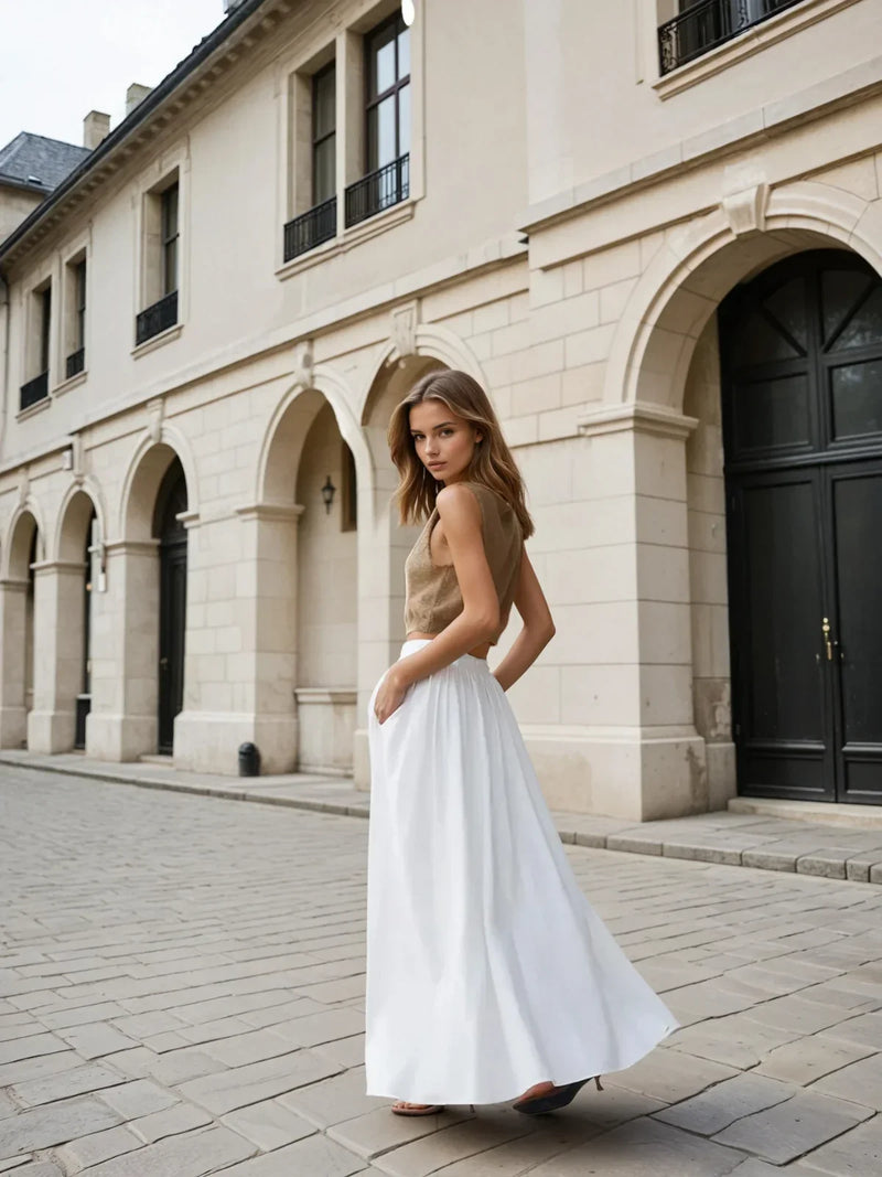 Lässiger, all-matching Maxi-Faltenrock aus Leinen mit hoher Taille