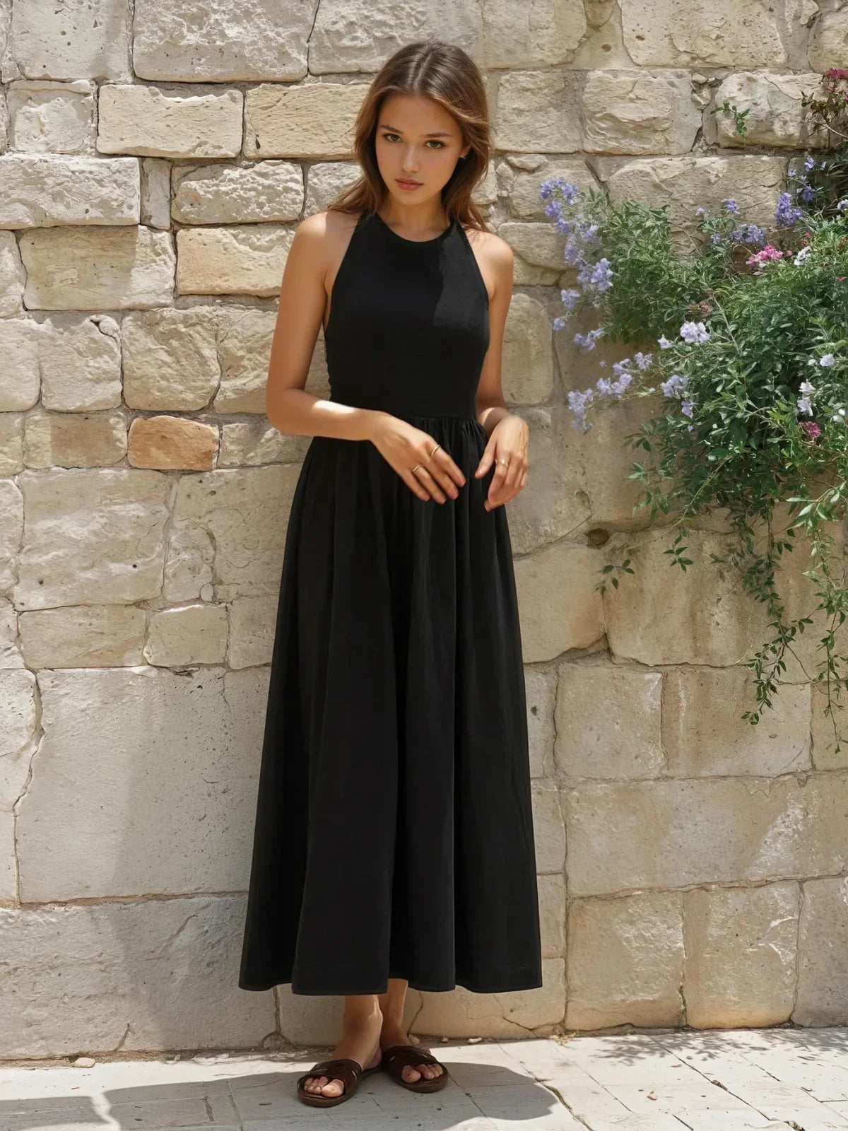 Always Elegant Solid Halter Long Dress - LA FEMME WANDERER