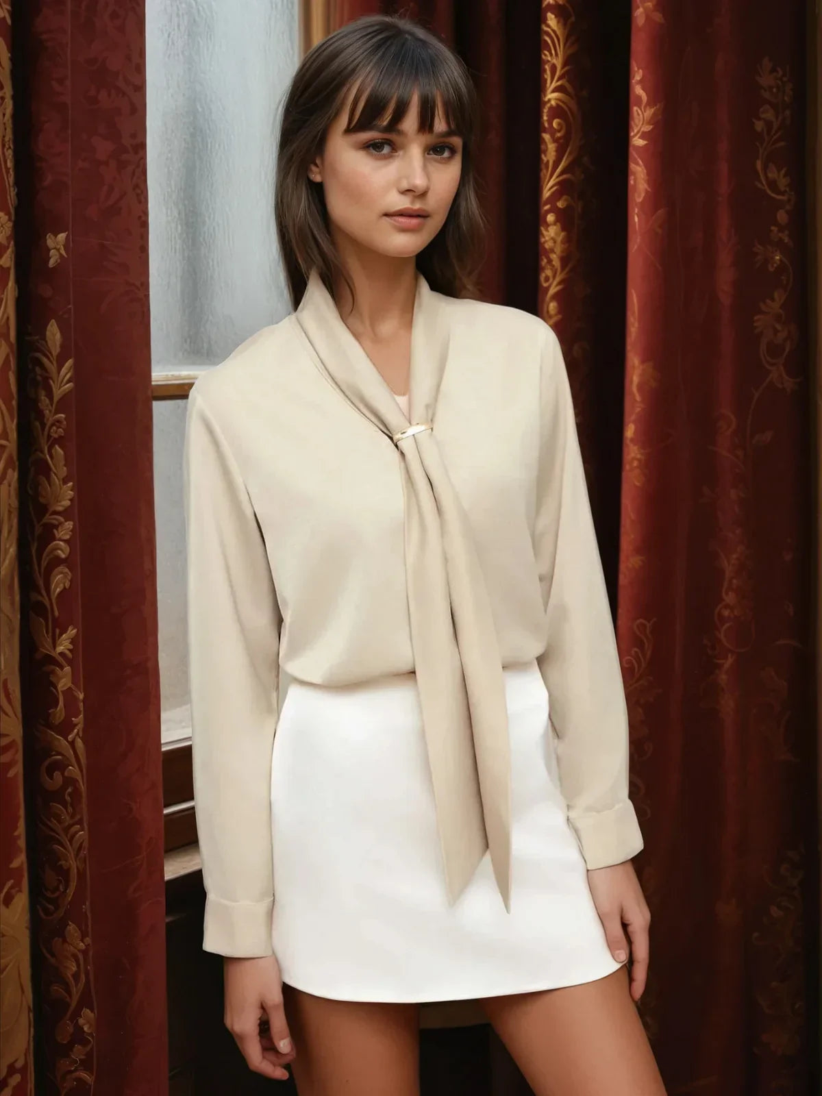 Collar Metal Hook Long Sleeve Blouse With Tie - LA FEMME WANDERER