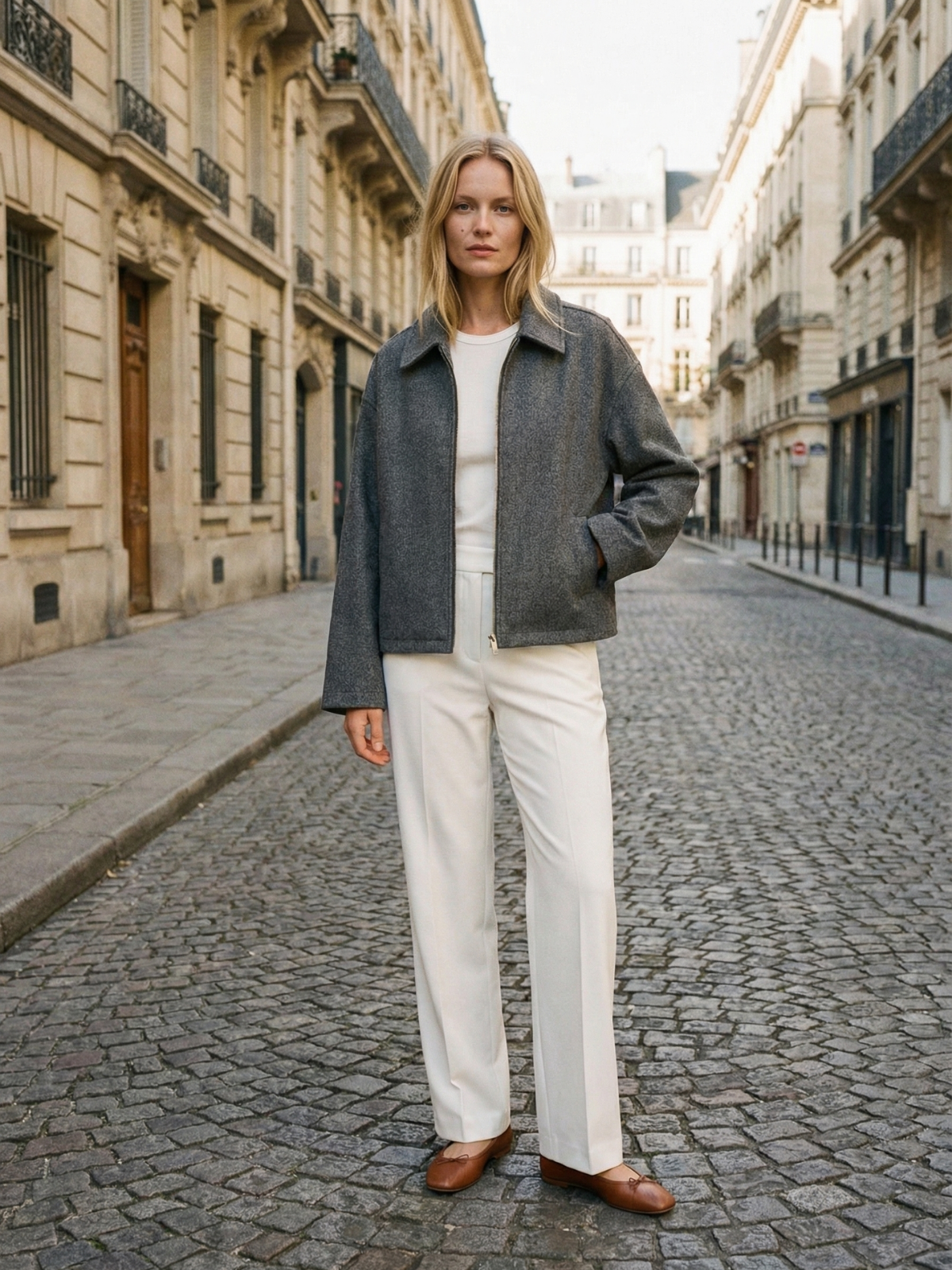 Minimalistische Herbstjacke aus Wollmischung mit Reißverschluss und Revers