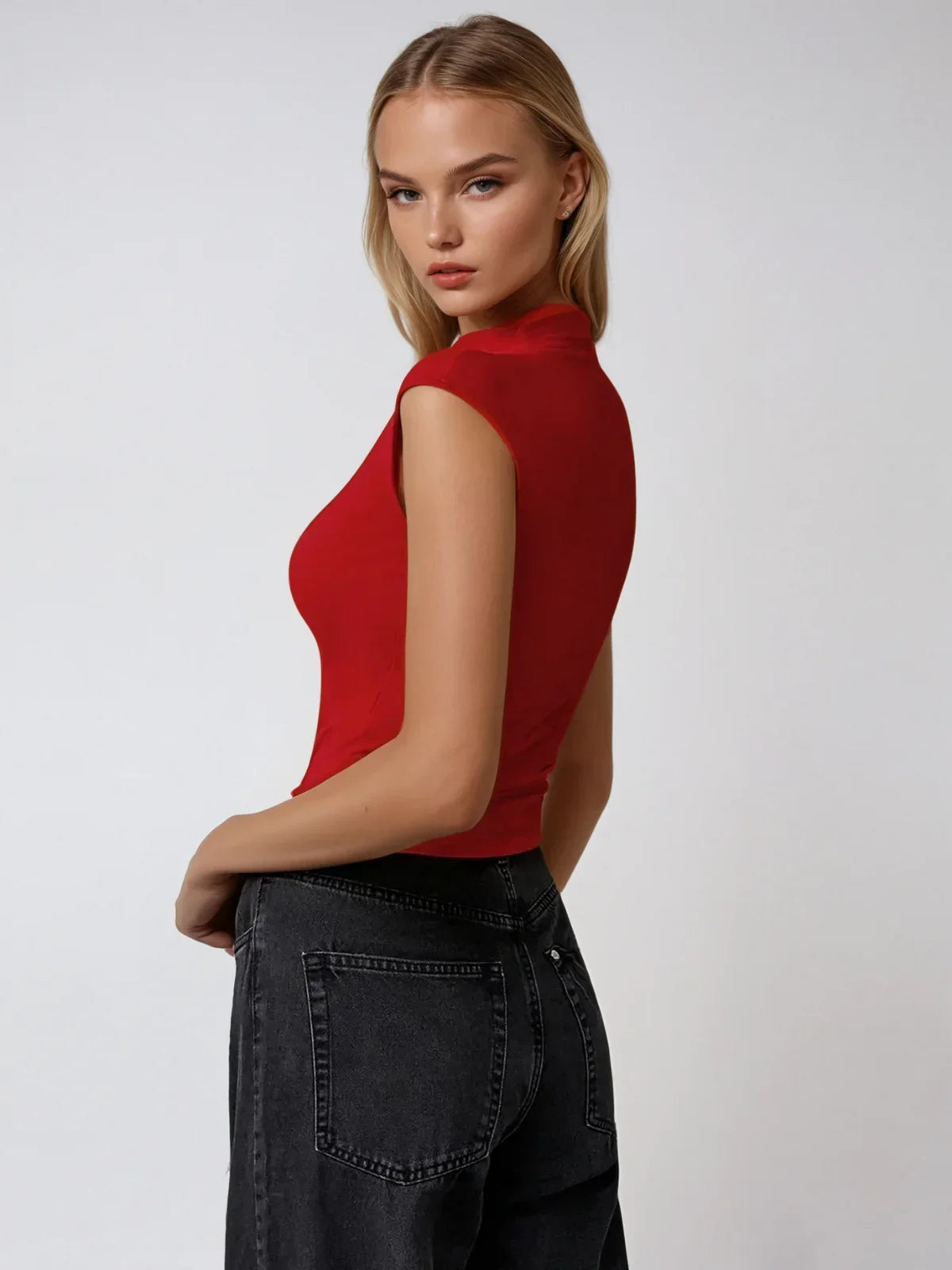 Scarlet Sleek High-Neck Top - LA FEMME WANDERER