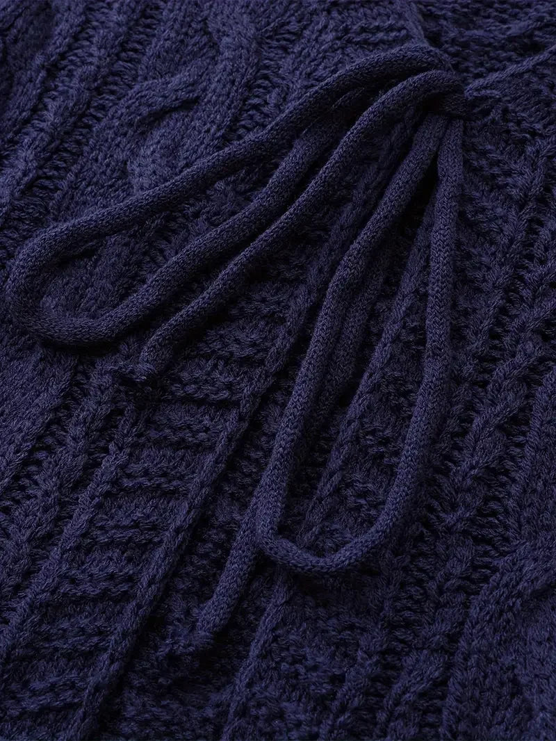 Deep V-neck Navy Blue Cardigan - LA FEMME WANDERER