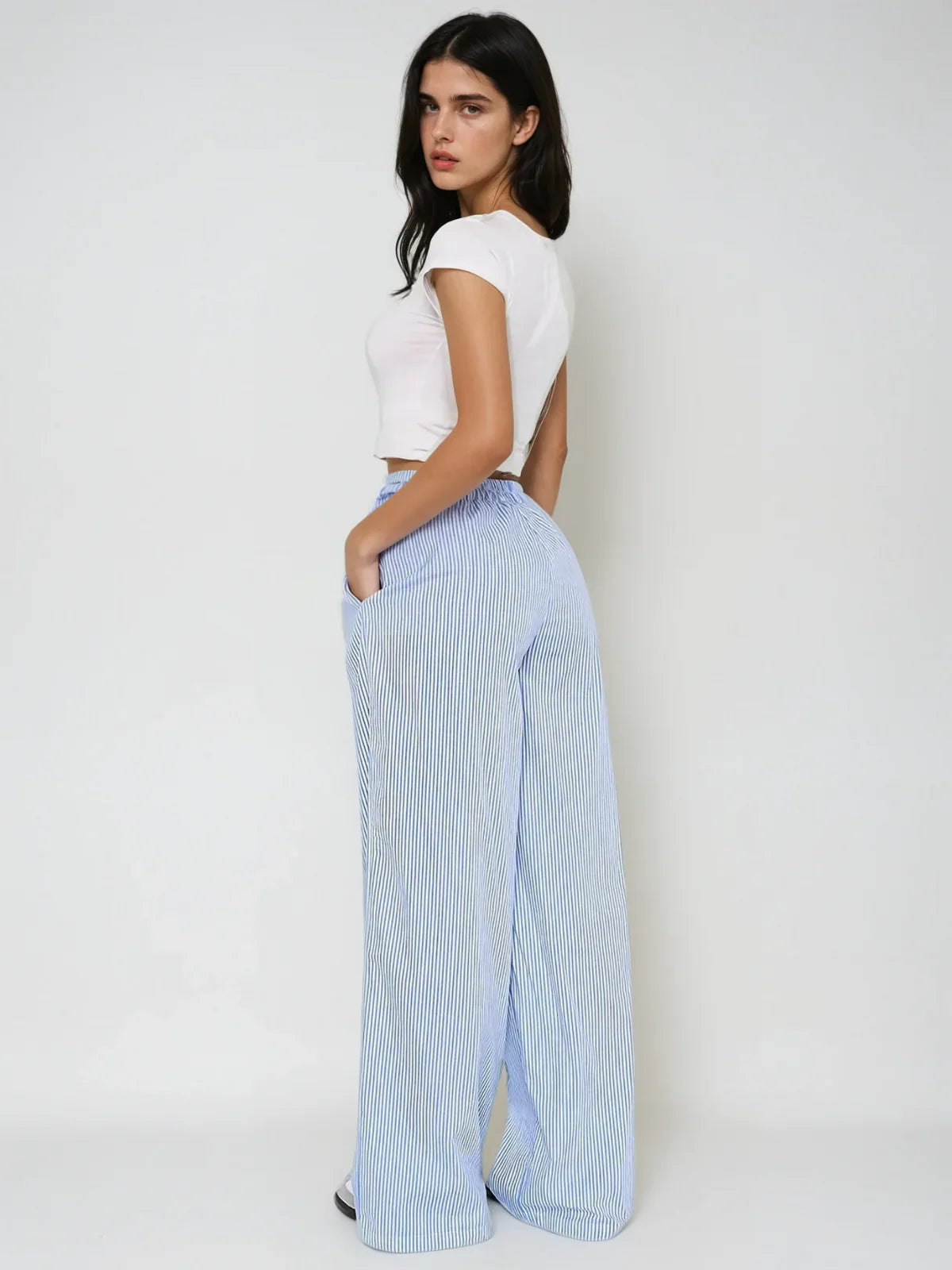 Elastic High Waist Wide Leg Striped Pants - LA FEMME WANDERER