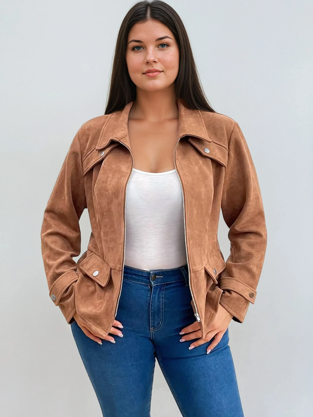 Plus -Größe Tailliertes Burgund -Freizeitjacke mit Front Reißverschluss