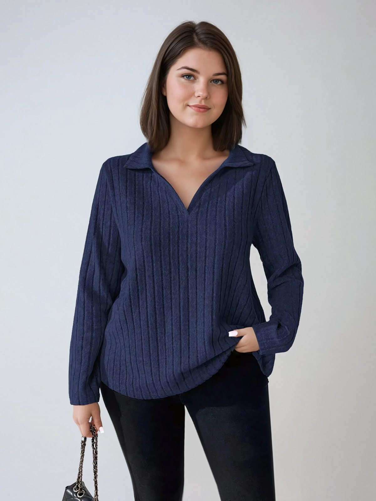 Plusgröße gerippte Turndown -Kragen Langarm Tee Casual Casual