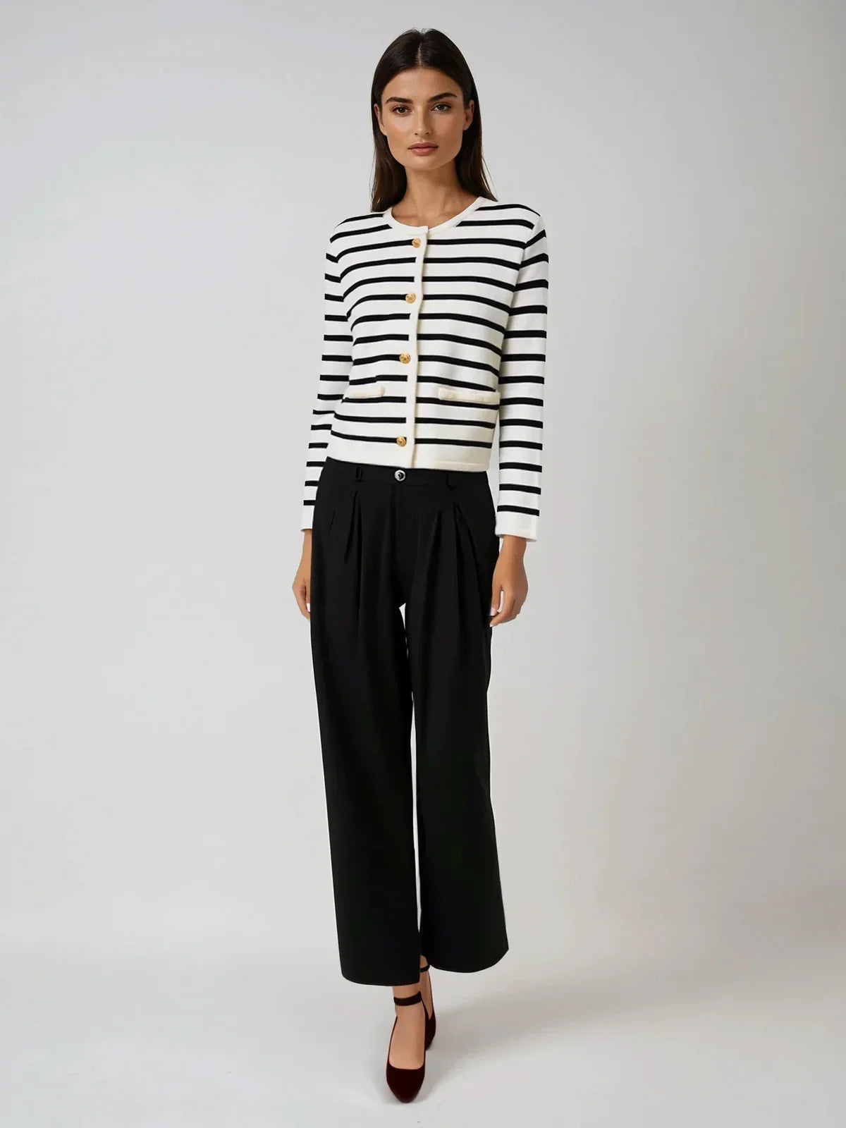 Classic Stripe Button-Up Knitted Cardigan - LA FEMME WANDERER