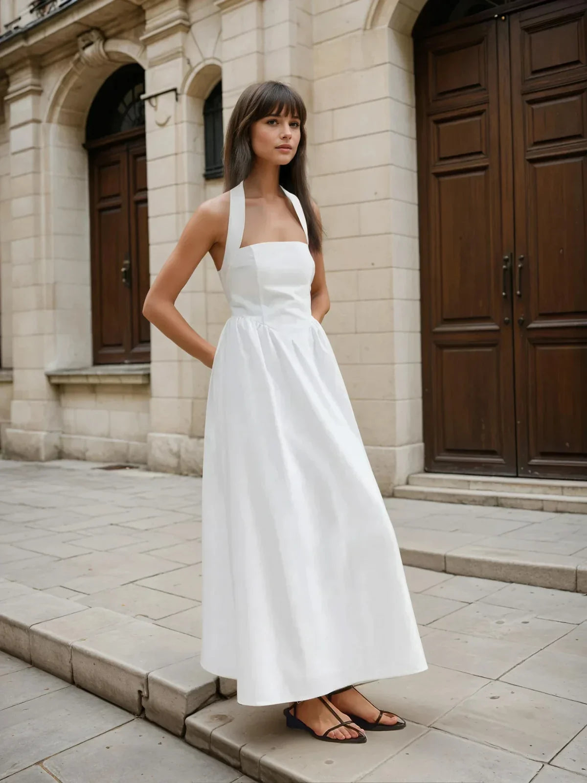 Simple and Chic Cotton & Linen Halter A Line Long Dress - LA FEMME WANDERER