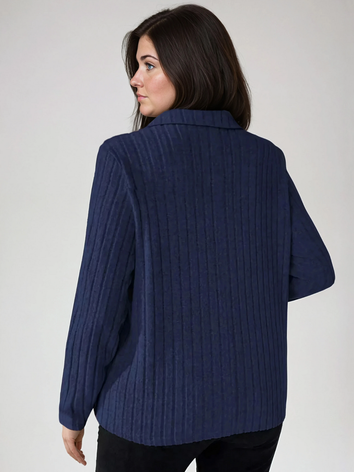 Plusgröße gerippte Turndown -Kragen Langarm Tee Casual Casual