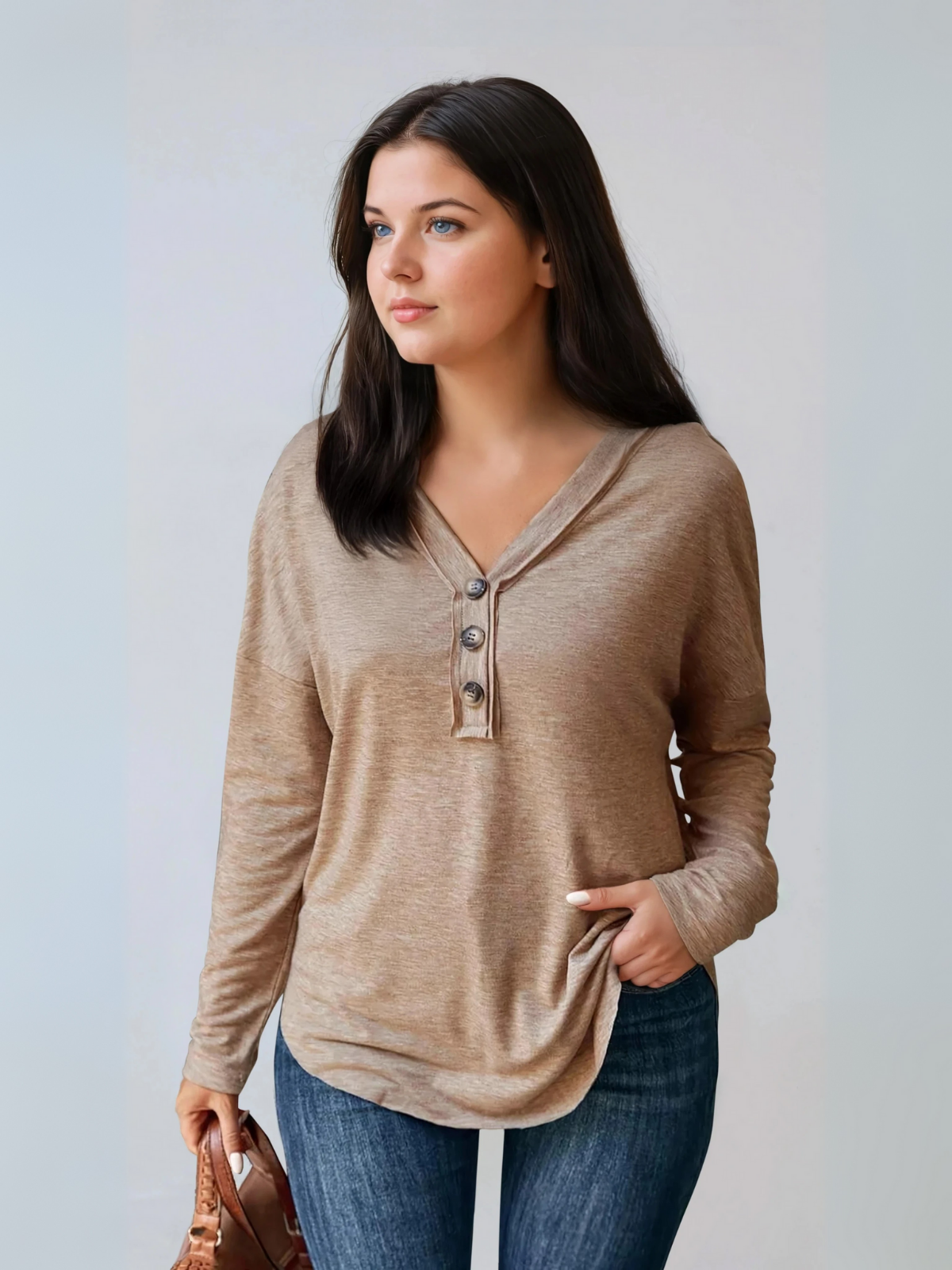 Plus Size V Hals Langarm -Hemd übergroß