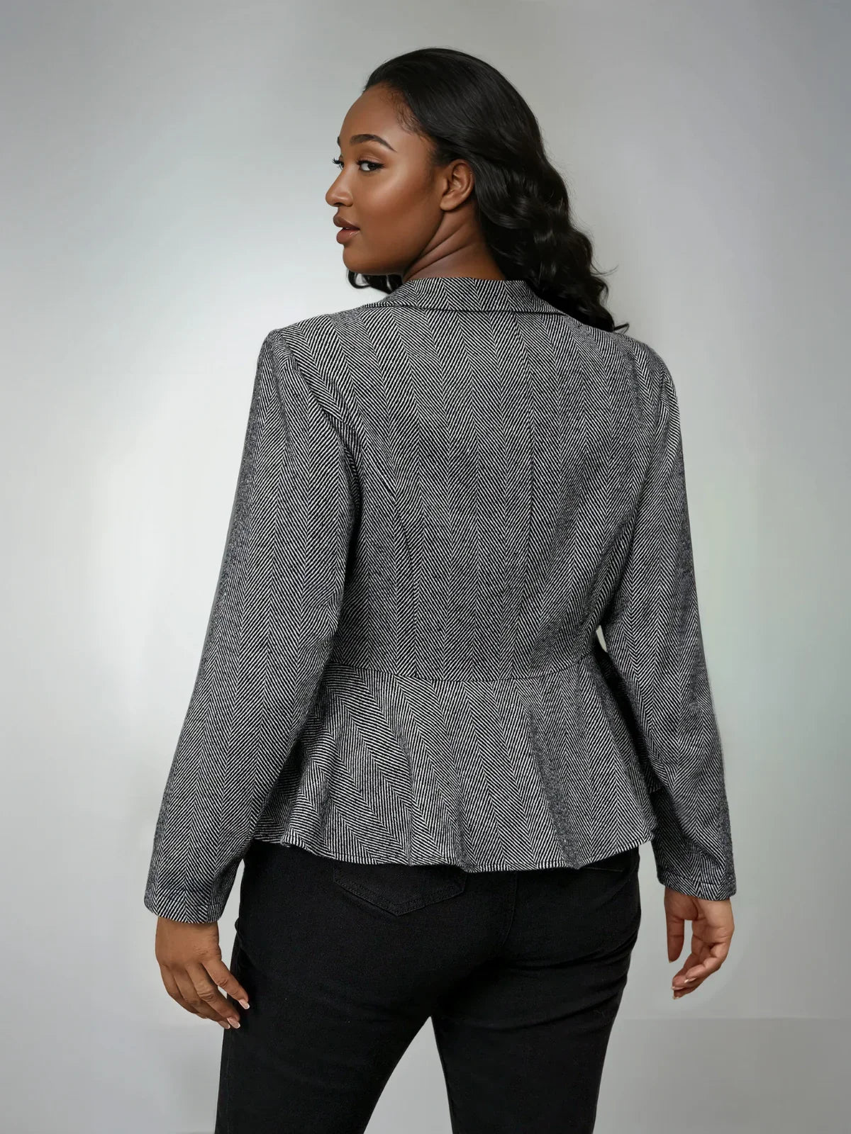 Plus Size Herringbone Jacket Open Front Lined Warmth - LA FEMME WANDERER