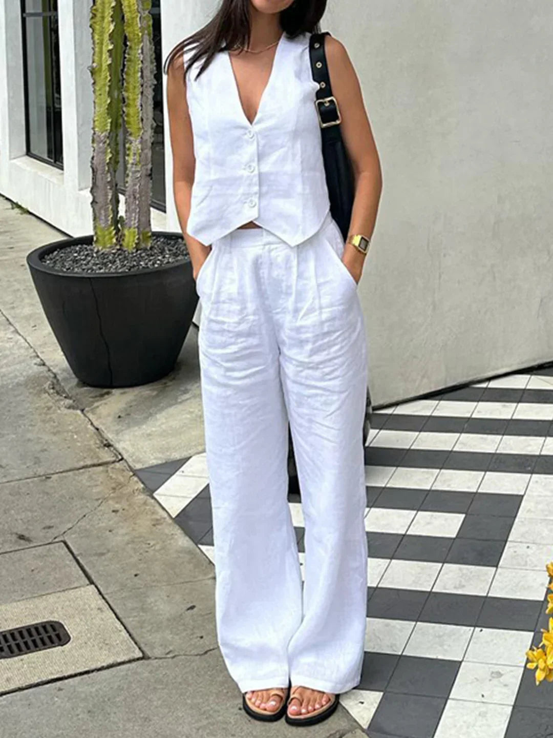 Linen Sleeveless Vest & Trousers Two-piece Set - LA FEMME WANDERER