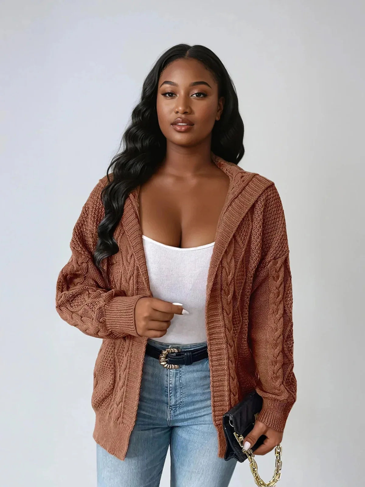 Plus Size Hooded Cable Knit Cardigan Open Front Casual - LA FEMME WANDERER
