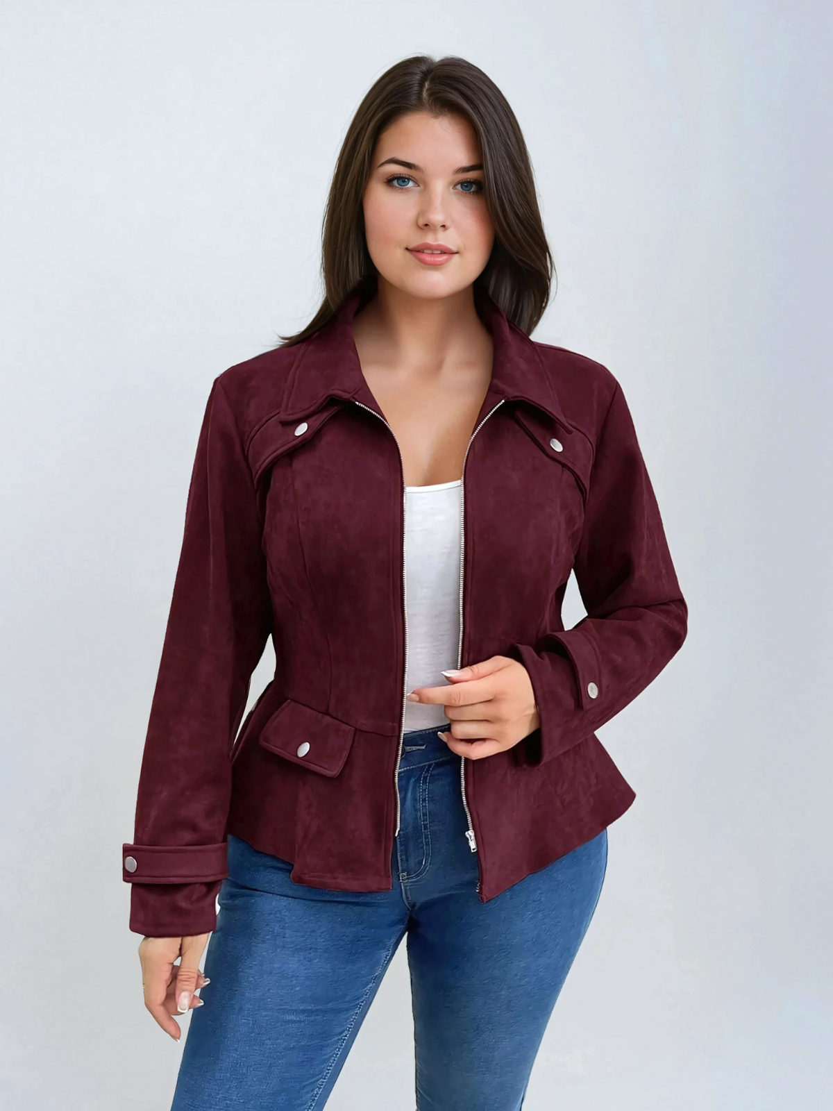 Plus -Größe Tailliertes Burgund -Freizeitjacke mit Front Reißverschluss