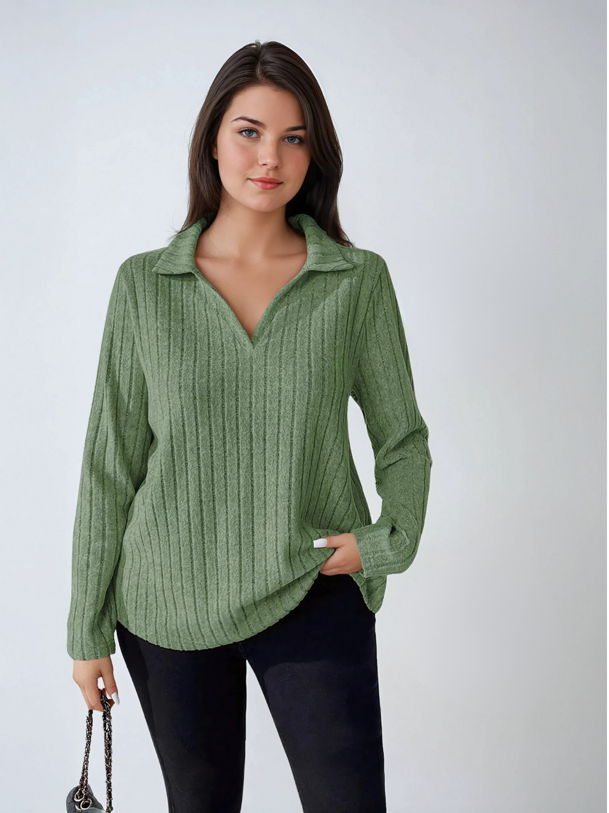 Plusgröße gerippte Turndown -Kragen Langarm Tee Casual Casual