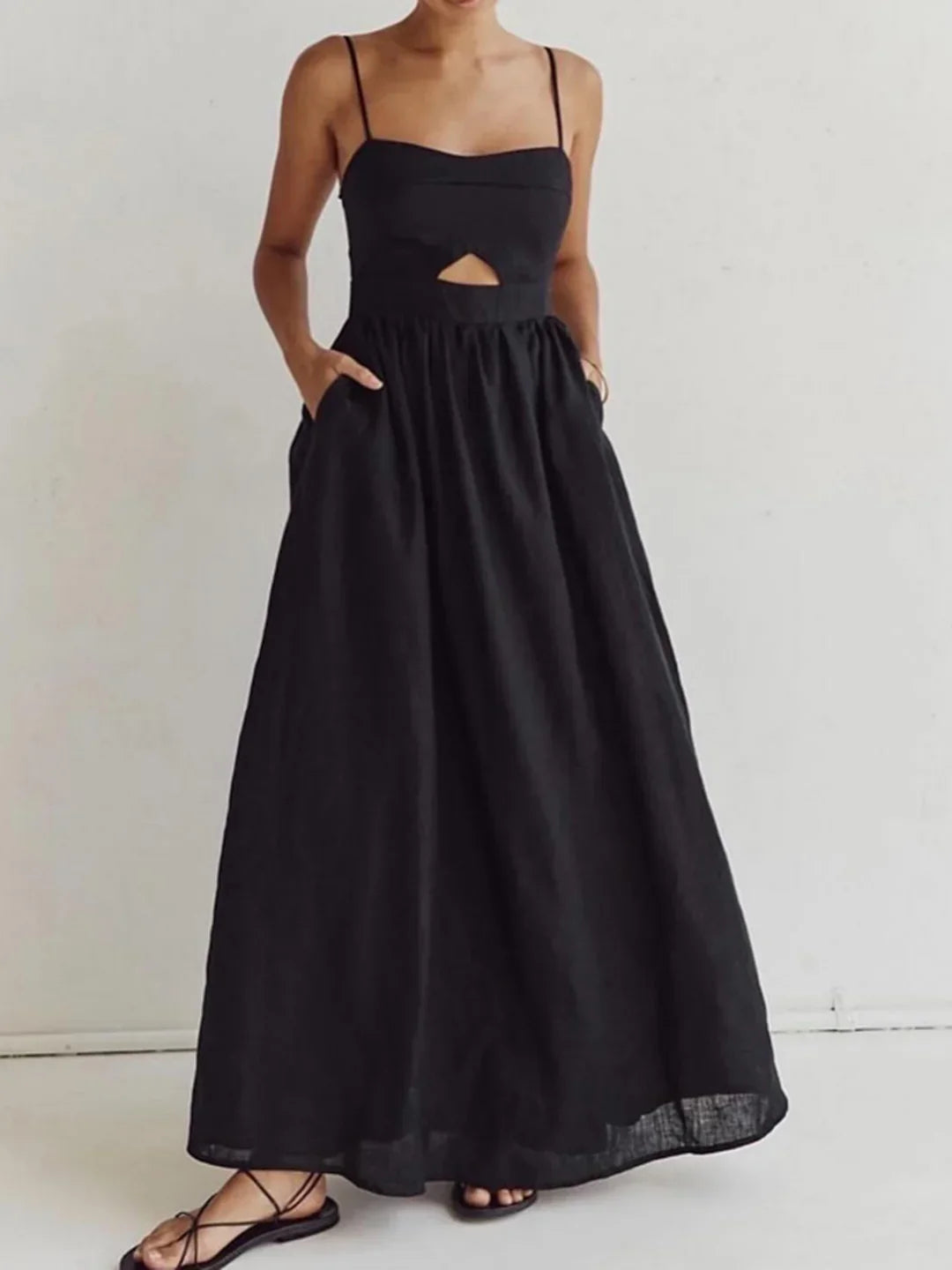Cotton Sleeveless Pockets Cutout Long Dress - LA FEMME WANDERER