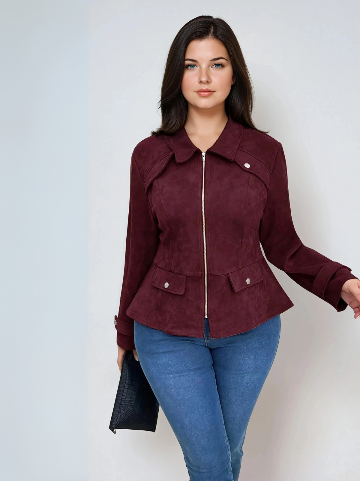 Plus -Größe Tailliertes Burgund -Freizeitjacke mit Front Reißverschluss
