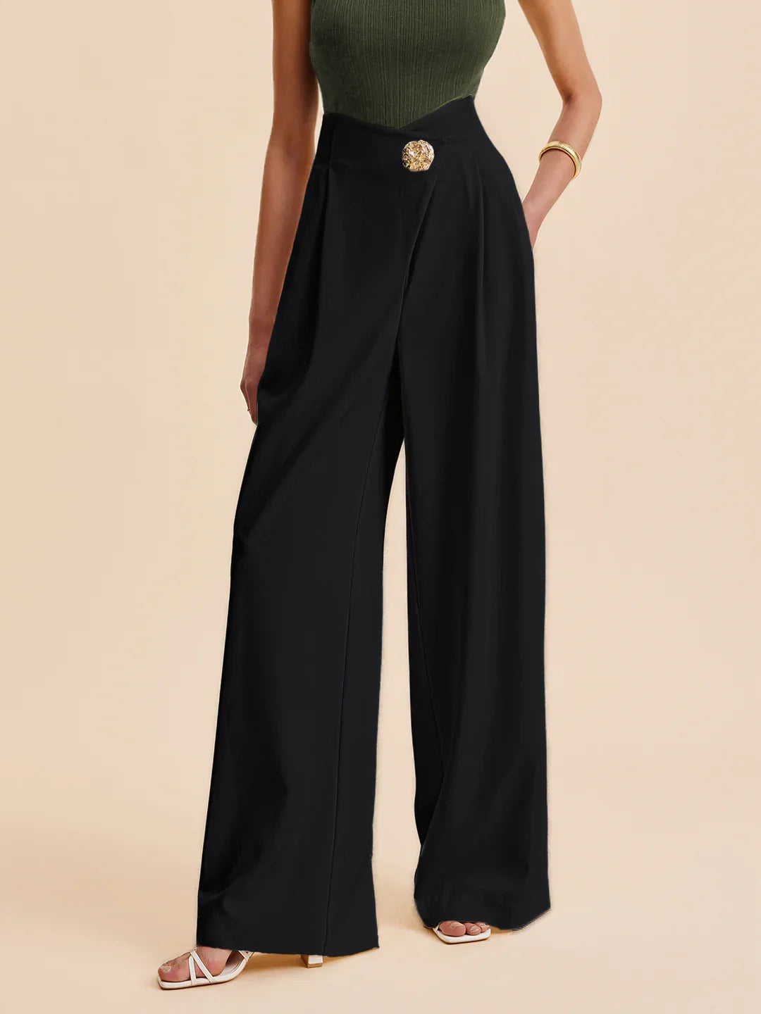Embellished High-Waist Wide-Leg Pants - LA FEMME WANDERER