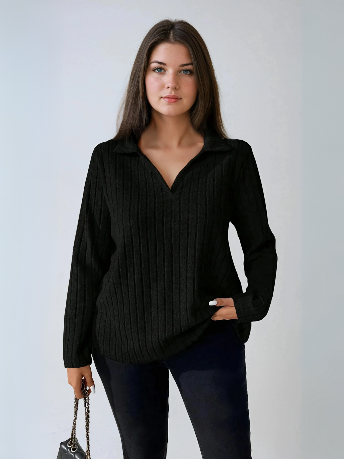 Plusgröße gerippte Turndown -Kragen Langarm Tee Casual Casual