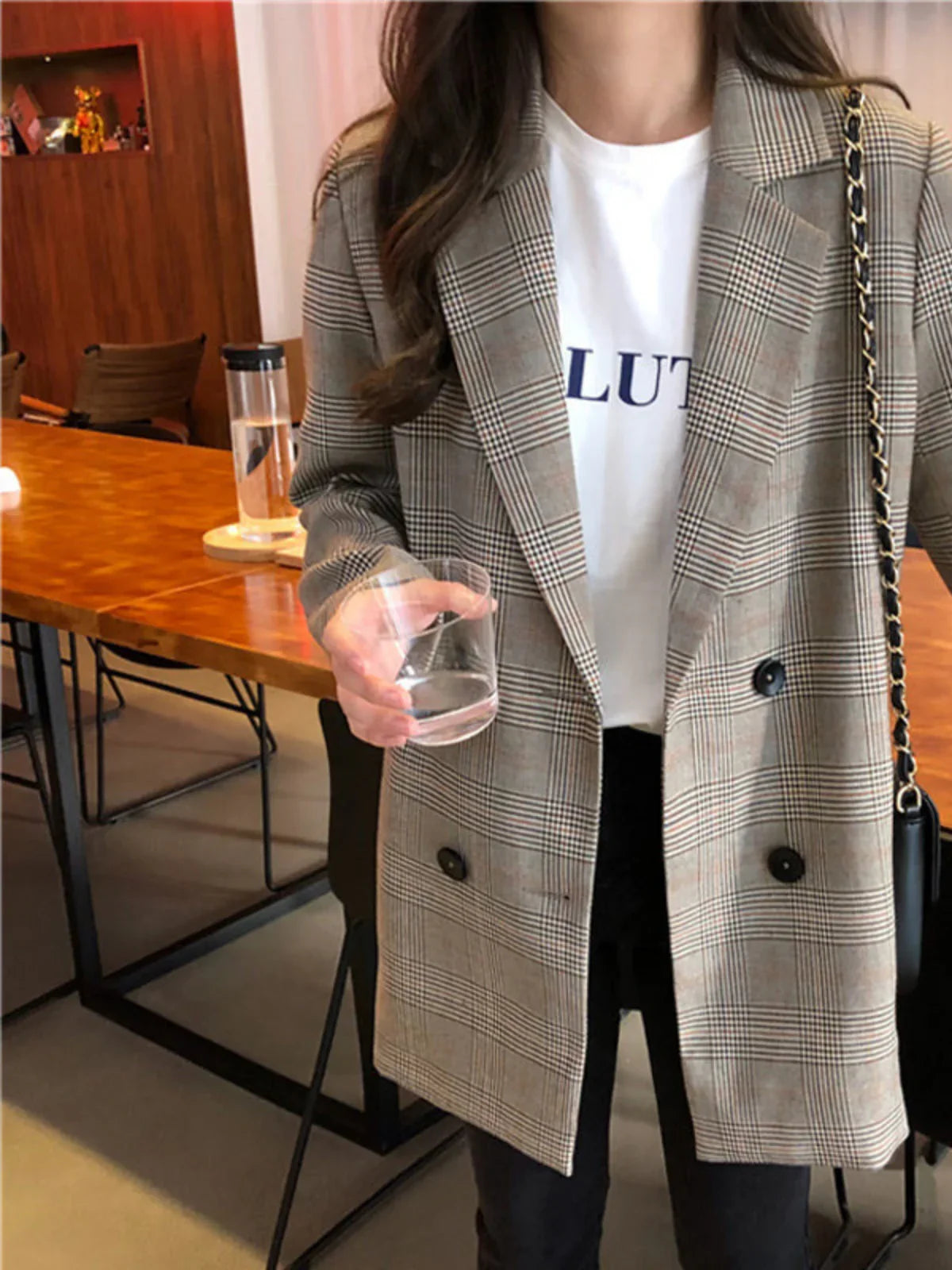 Collar Plaid Blazer - LA FEMME WANDERER