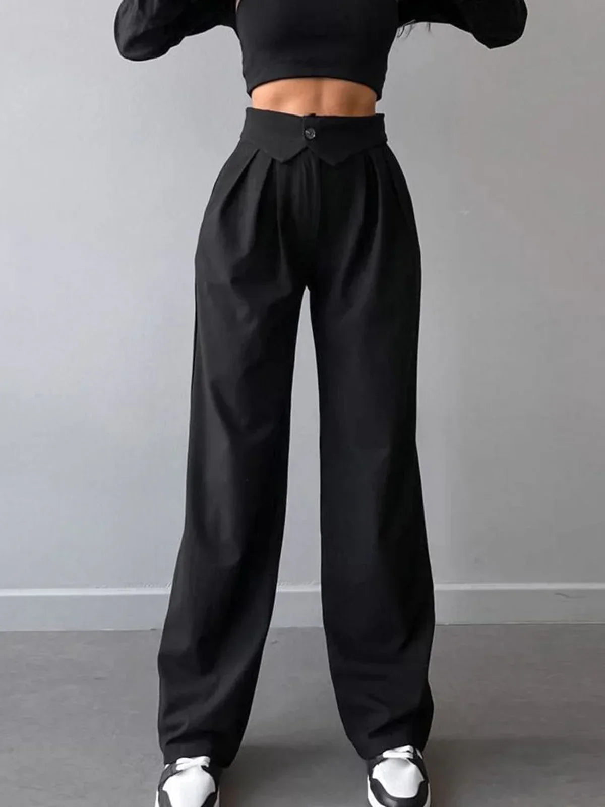Street Fold Over Waistband Straight Leg Dress Pants - LA FEMME WANDERER