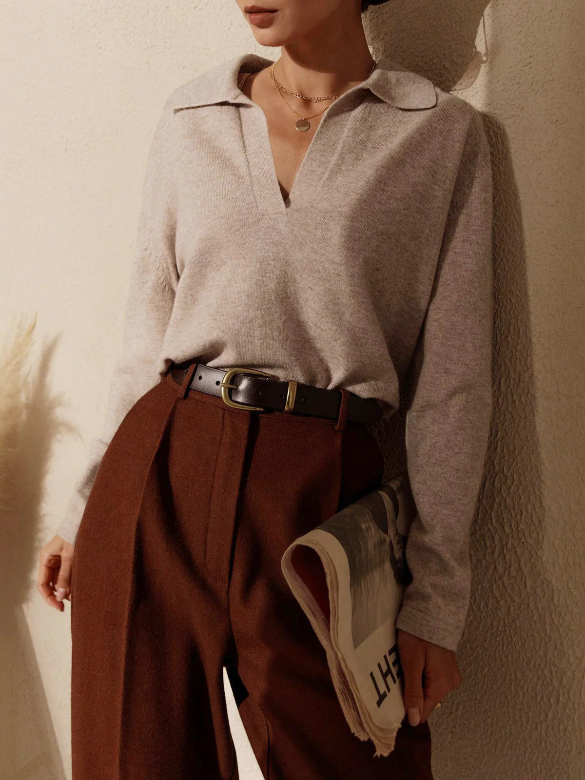 Leisure Collared Pullover Sweater - LA FEMME WANDERER