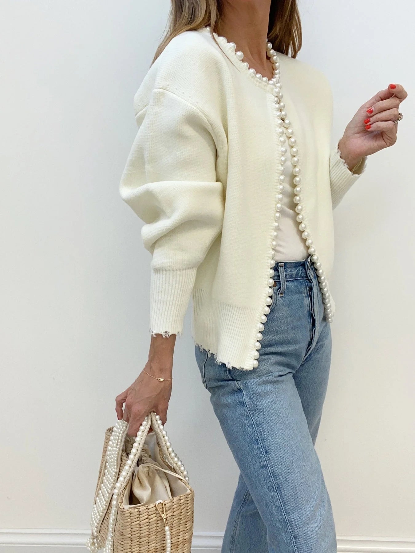 Pearl Trim Ripped Hem Cardigan - LA FEMME WANDERER