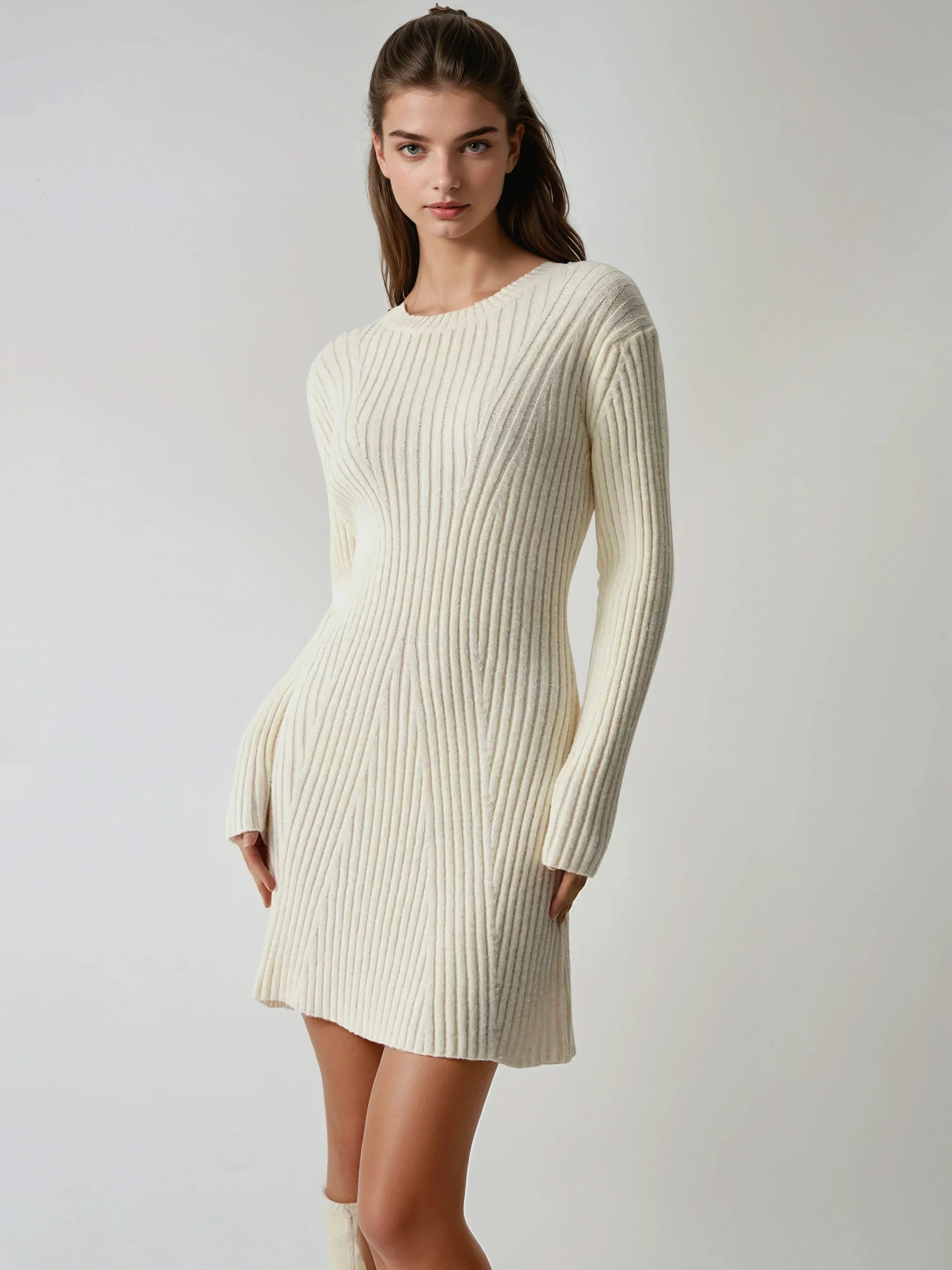 Rib Long Sleeve Short Sweater Dress - LA FEMME WANDERER