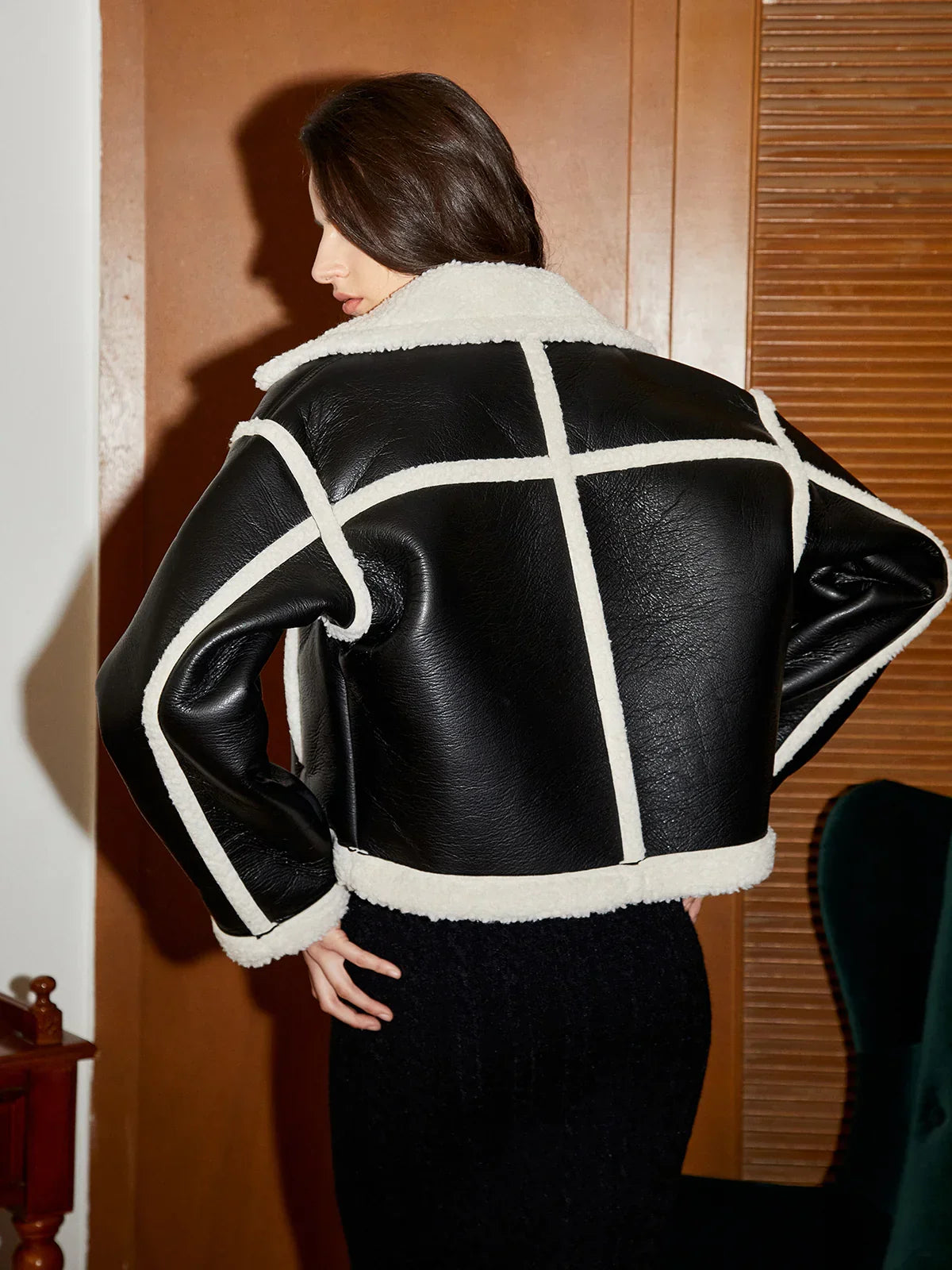 Sherpa Lined Contrast Trim Faux Leather Jacket - LA FEMME WANDERER