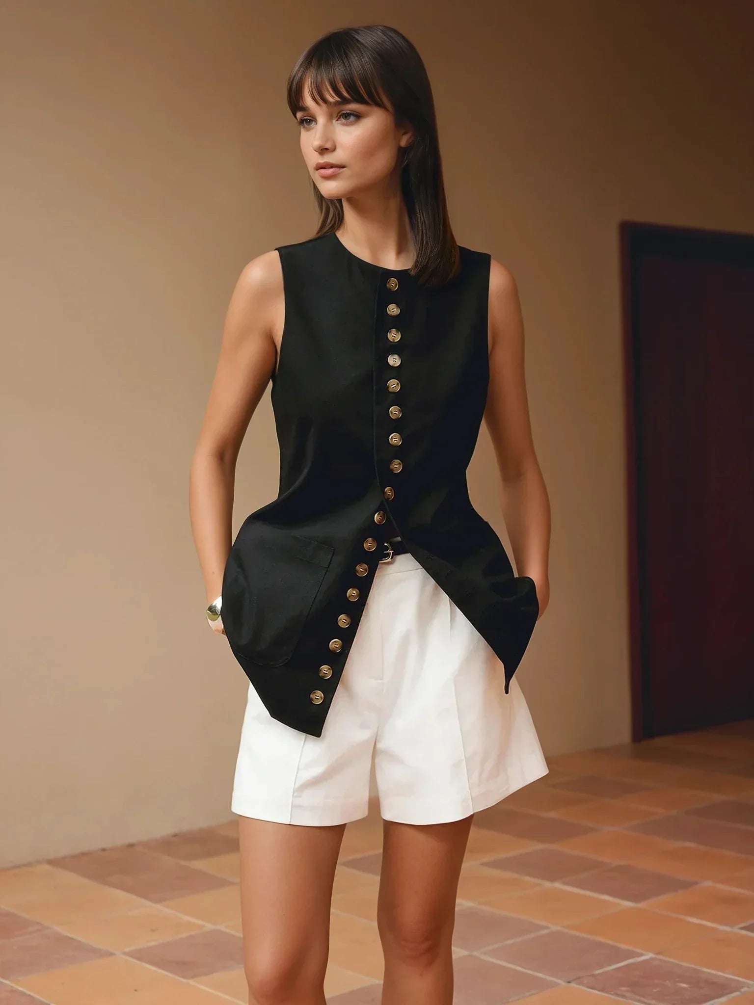 Black Button-Front Vest - LA FEMME WANDERER