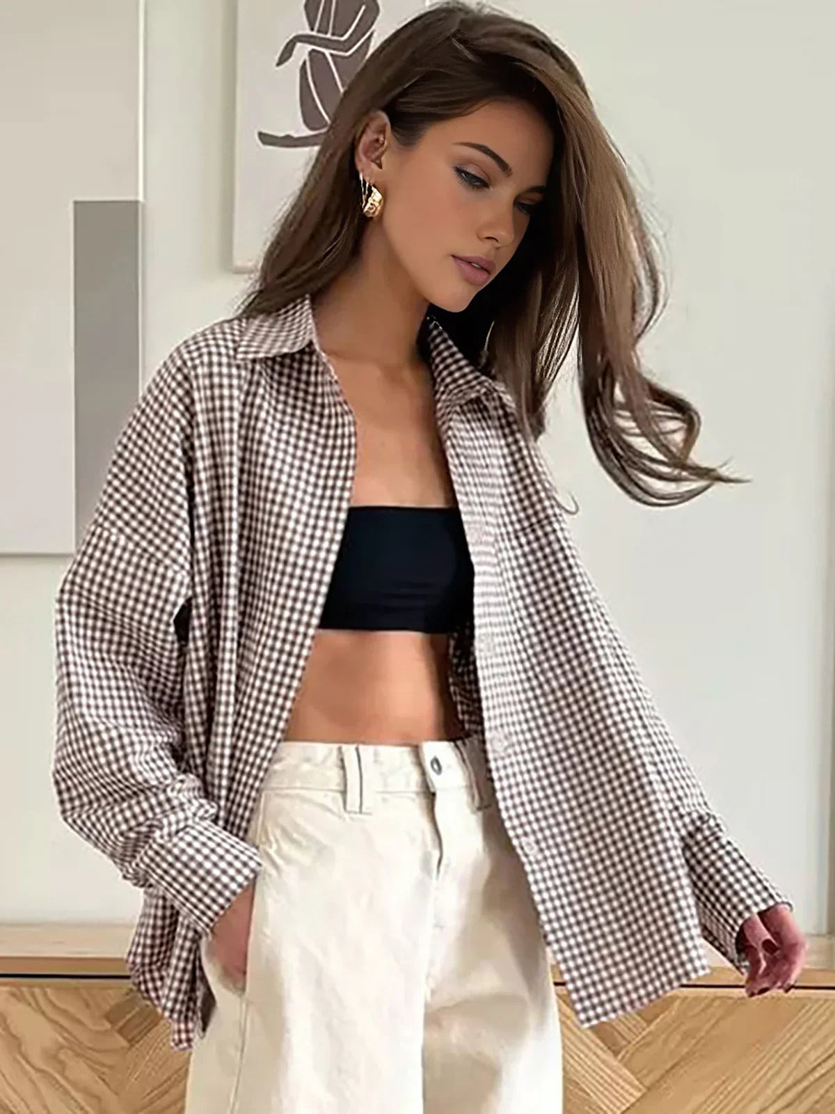 Cotton Plaid Lapel Versatile Shirt - LA FEMME WANDERER