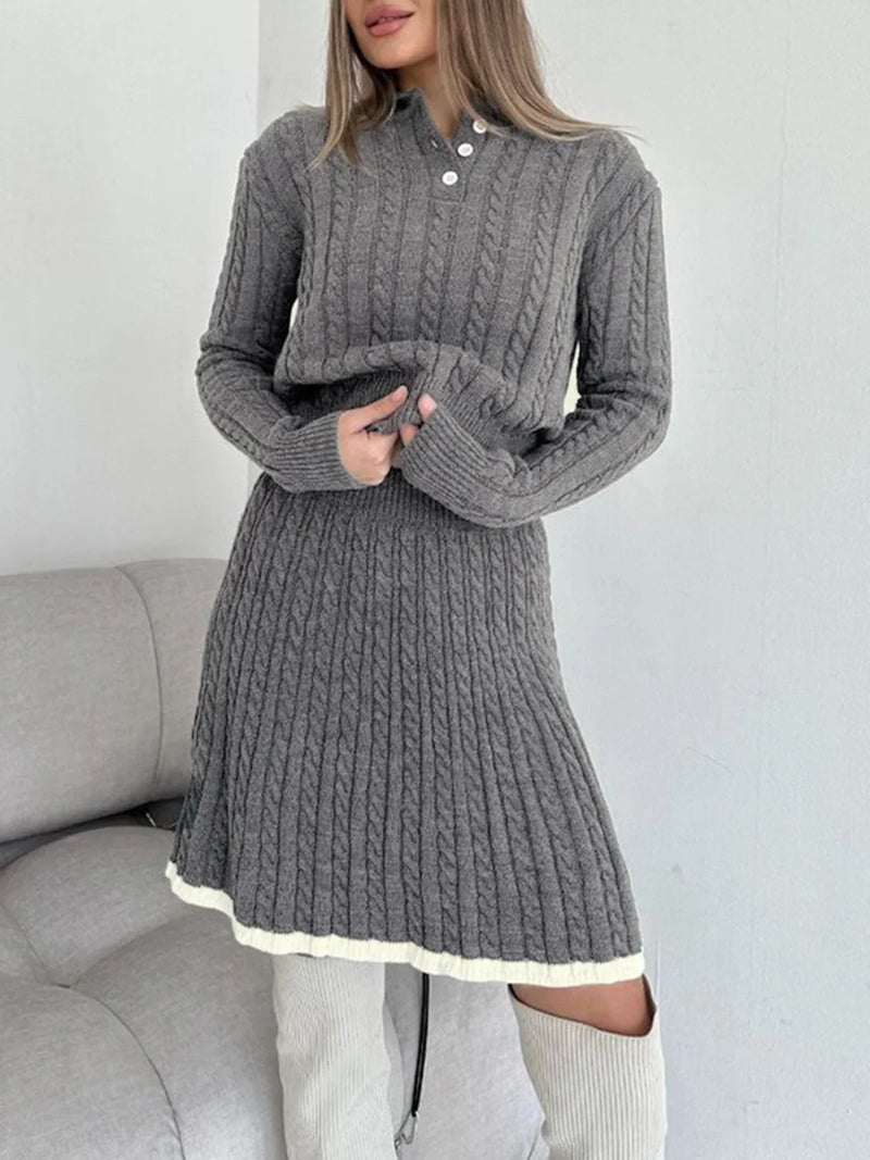 Contrast Trim Cable-Knit Lapel Skirt Set