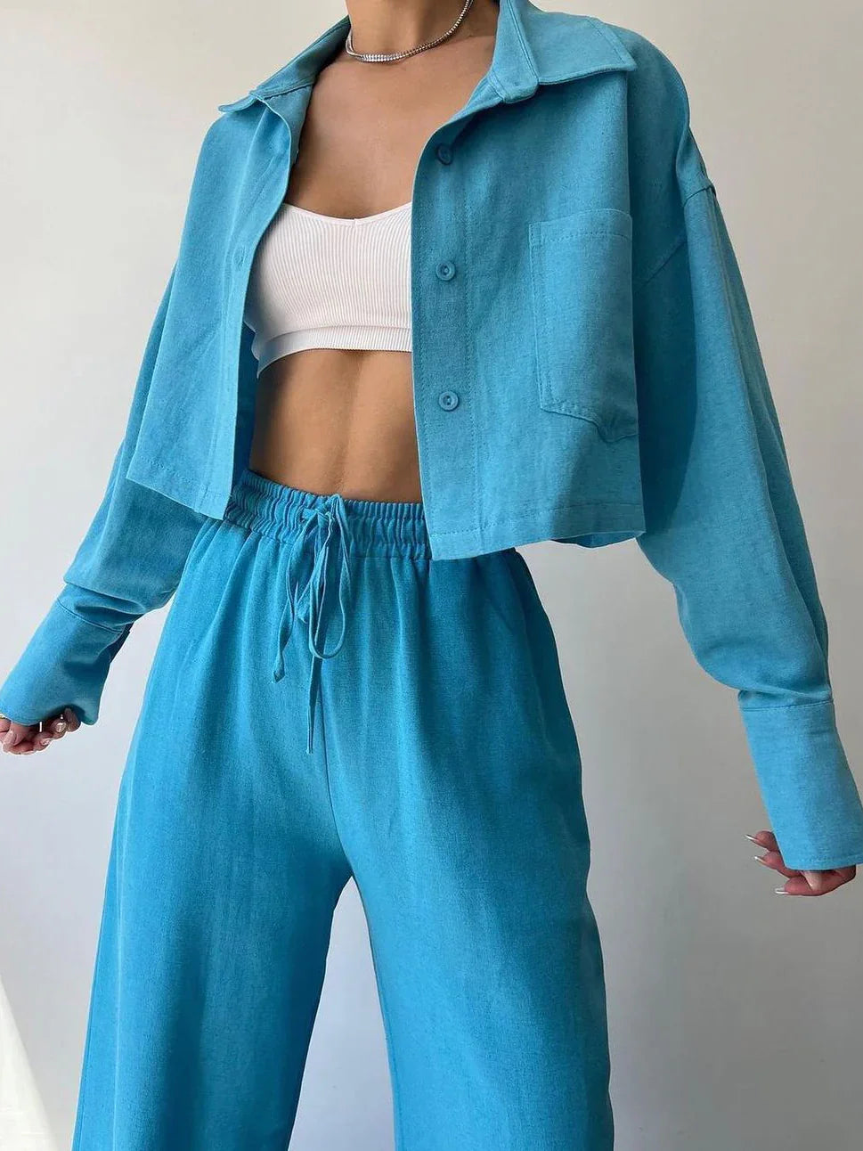 Casual Collared Drawstring Two Piece Pants Set - LA FEMME WANDERER