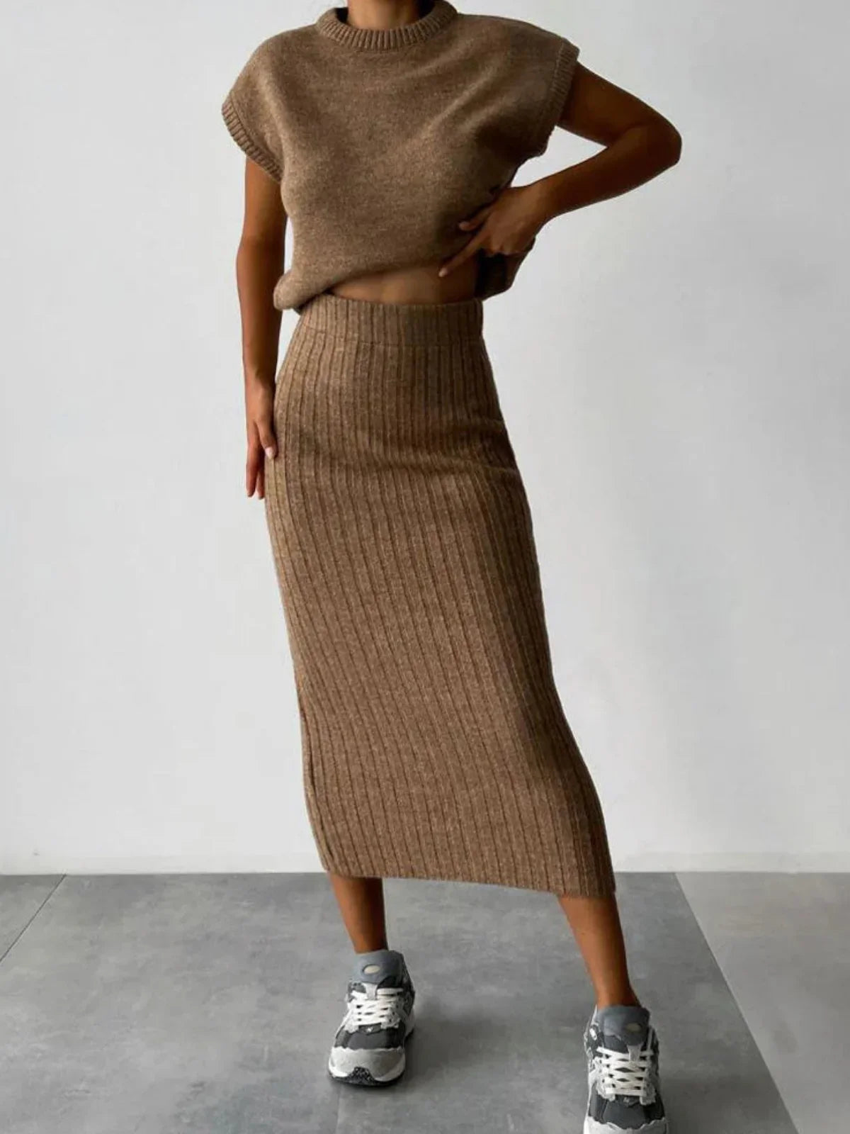 Chunky Knit Tank Top and High Waist Midi Knit Skirt Matching Set - LA FEMME WANDERER