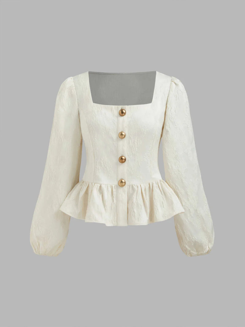 Langarmbluse mit quadratischem Ausschnitt, Blumenmuster, Knopfleiste und Rüschensaum