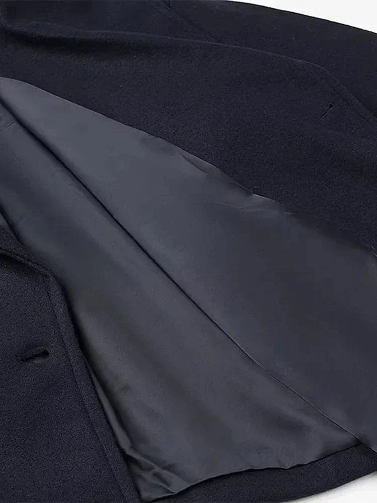 Wool Blend Lapel Double Breasted Long Sleeve Coat - LA FEMME WANDERER