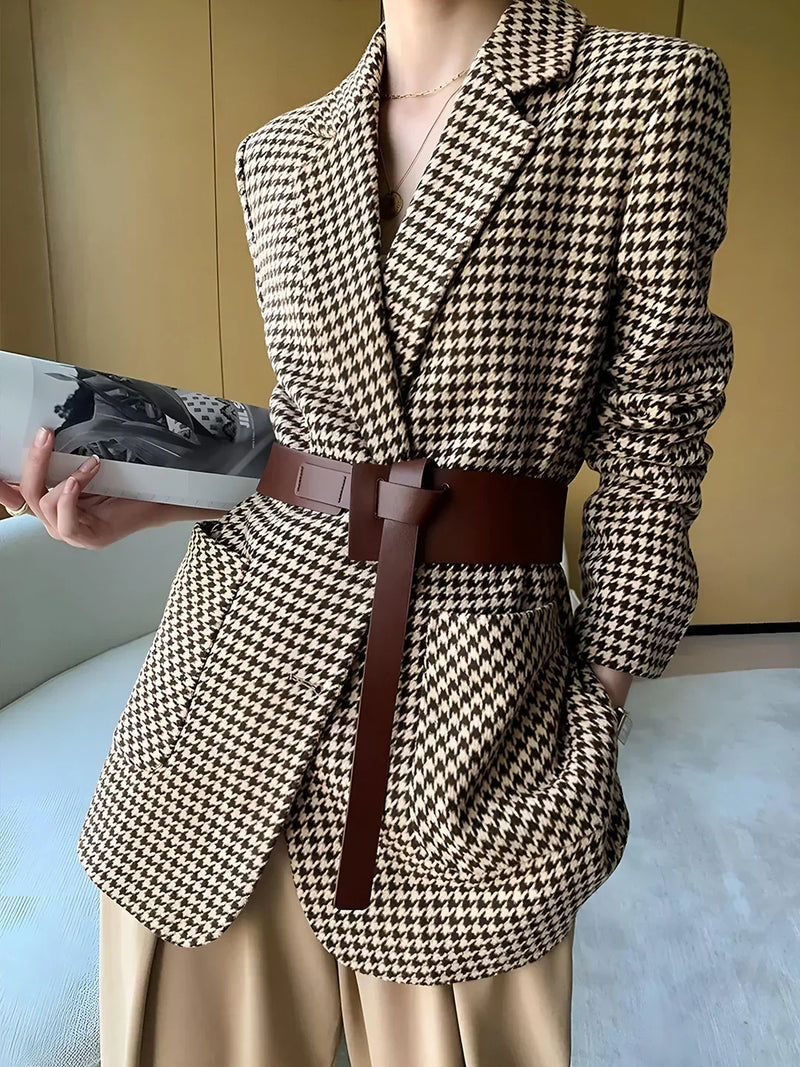 Elegant Style Houndstooth Split Blazer With Belt