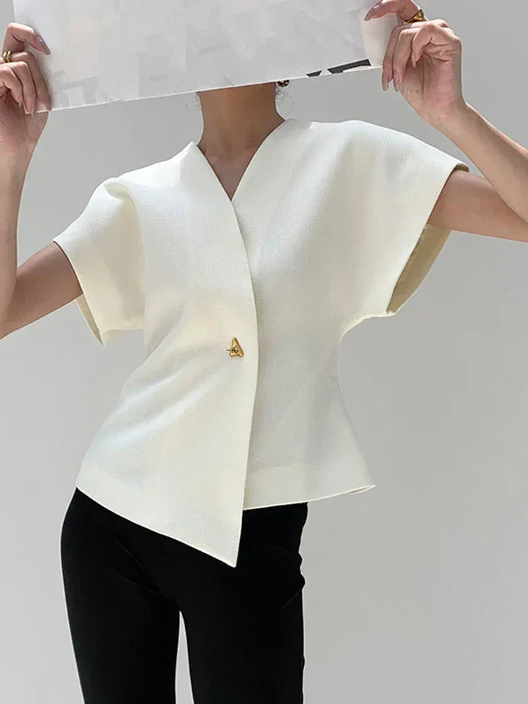 V-Neck Button Down Blouse - LA FEMME WANDERER