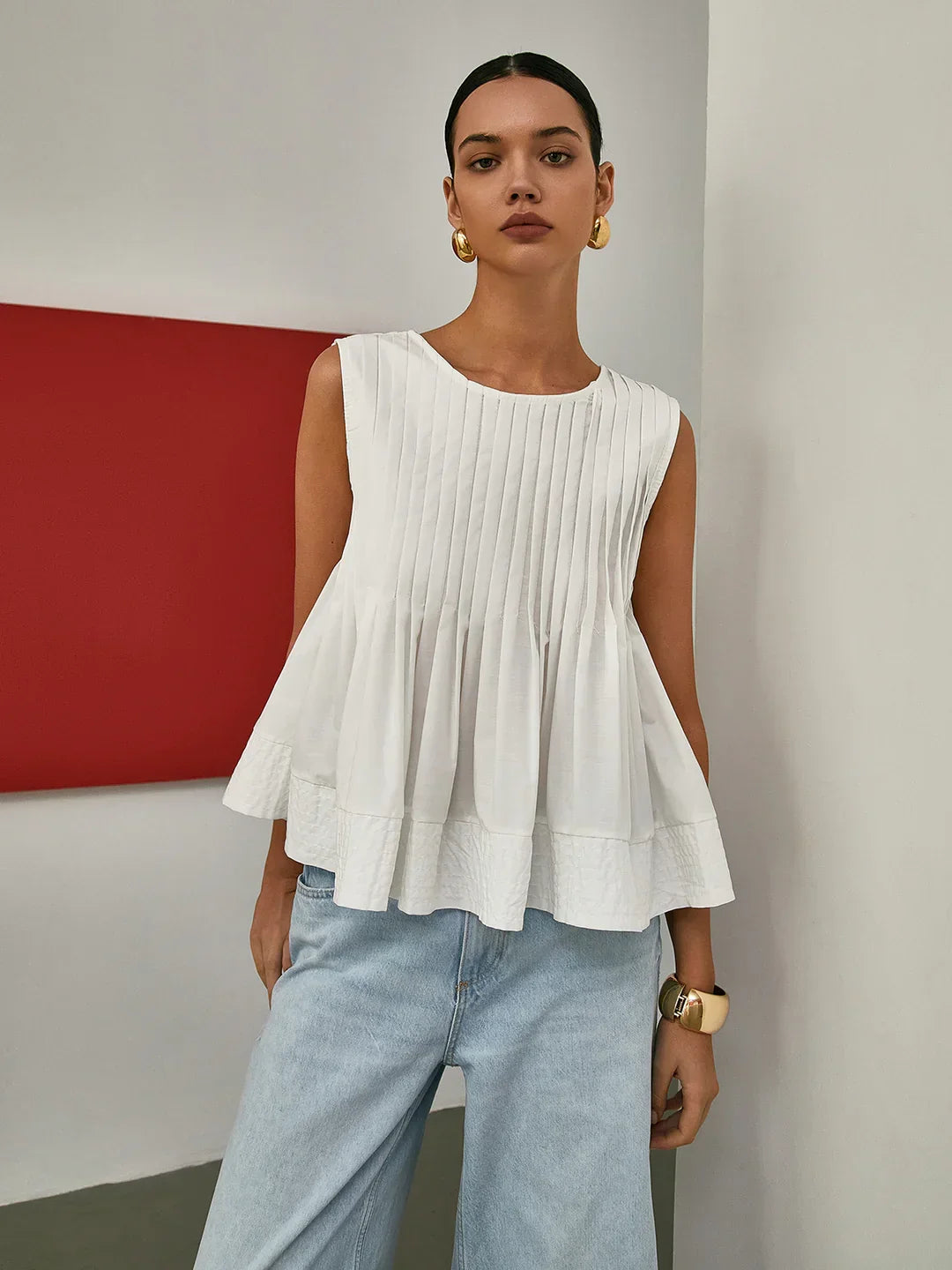 Pleated Peplum Sleeveless Blouse - LA FEMME WANDERER