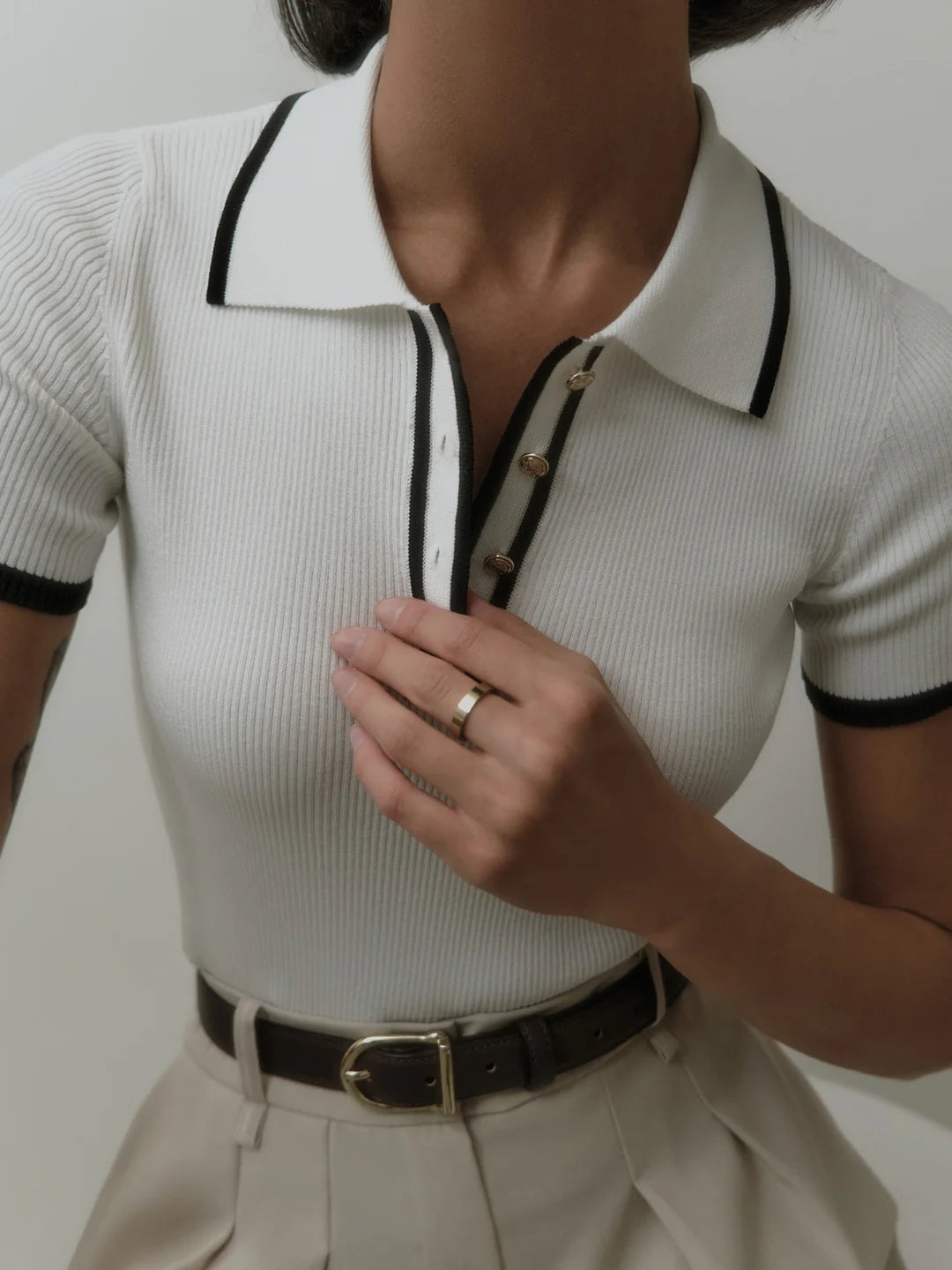 Contrast Trim Metal Button Knit Top - LA FEMME WANDERER