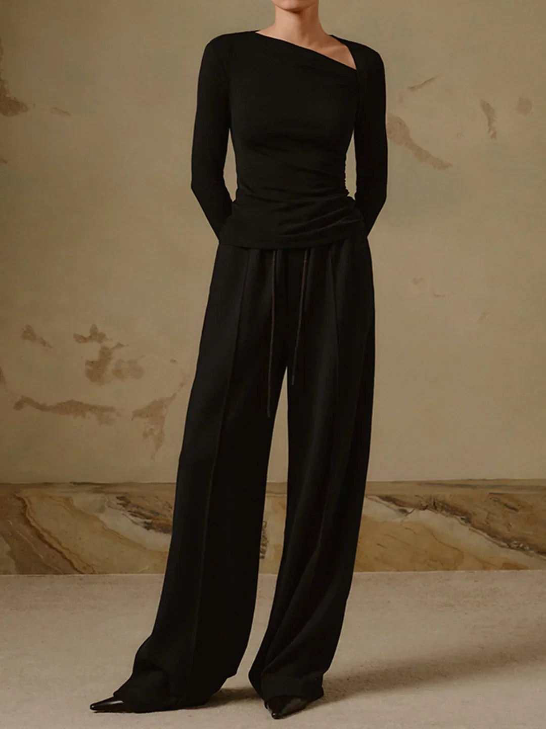 Ribbed Knit Long Sleeve Asymmetric Shirt - LA FEMME WANDERER