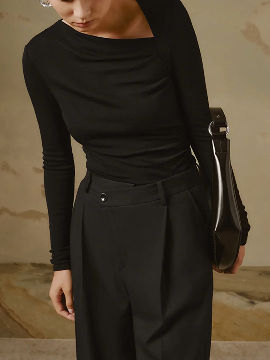 Ribbed Knit Long Sleeve Asymmetric Shirt - LA FEMME WANDERER