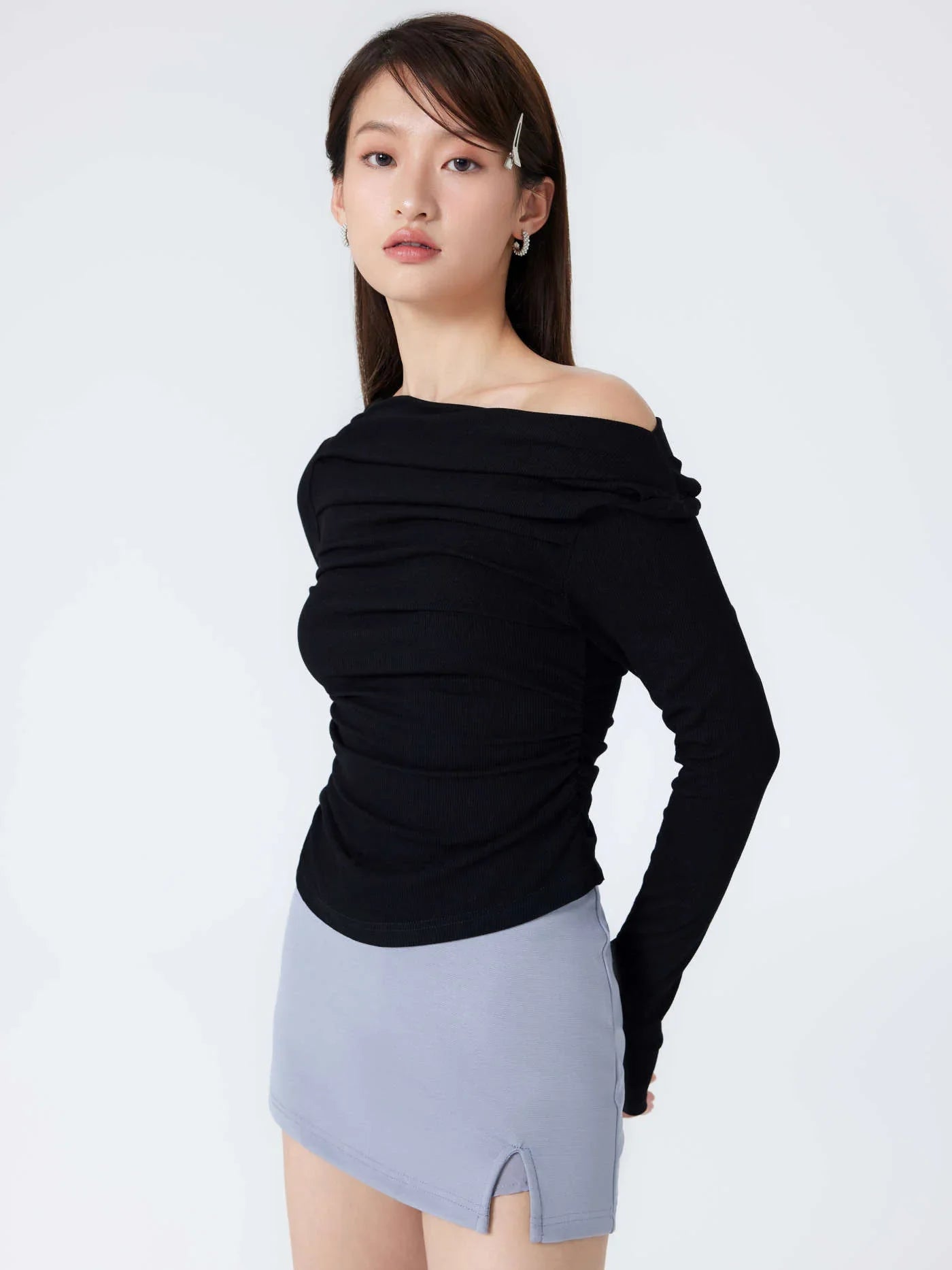 Solid Asymmetrical Neck Long Sleeve Top - LA FEMME WANDERER