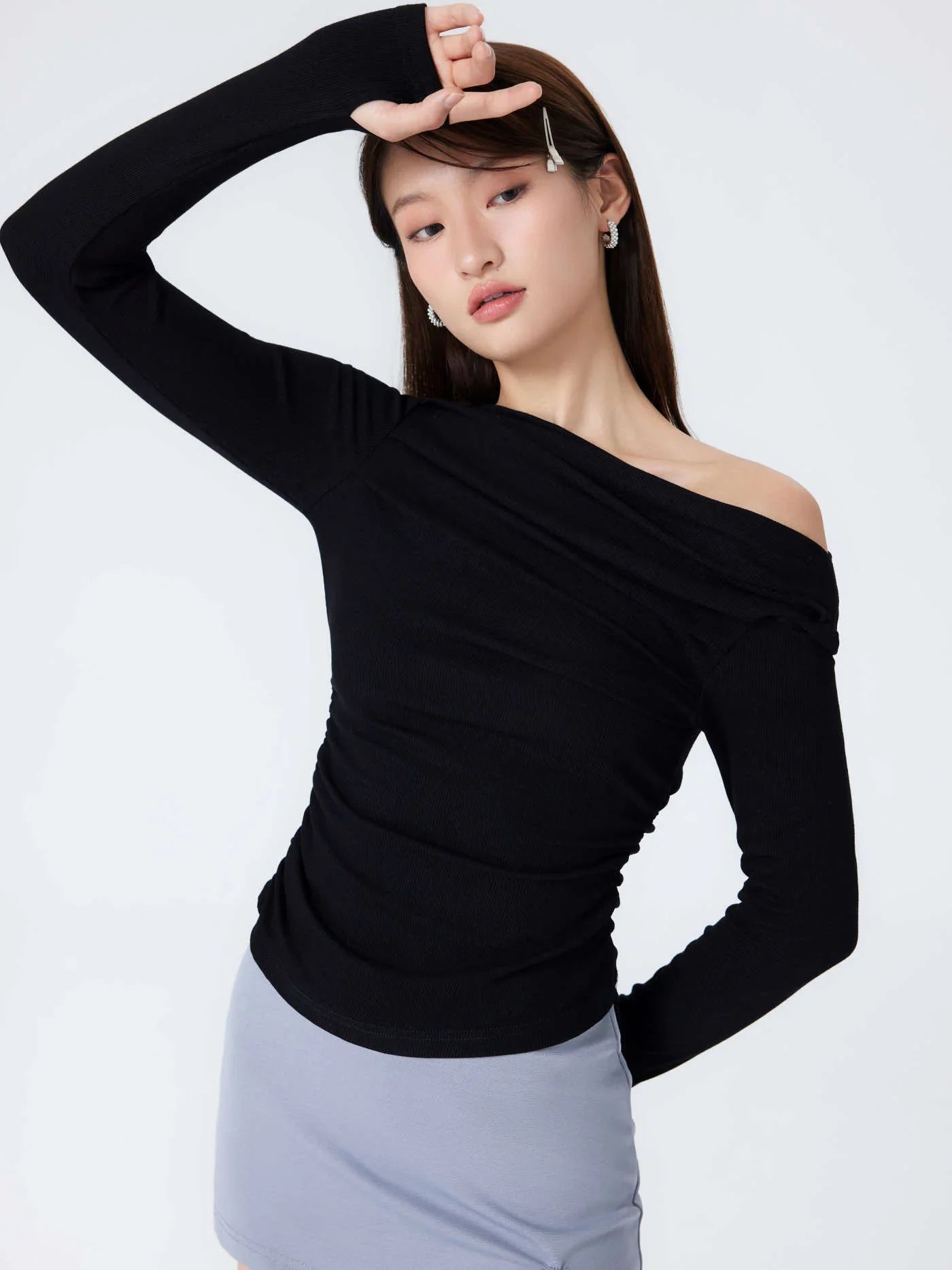 Solid Asymmetrical Neck Long Sleeve Top - LA FEMME WANDERER