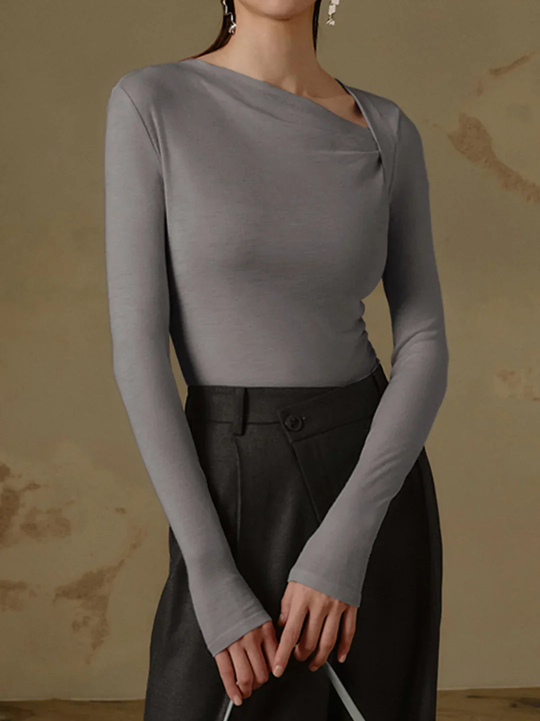 Ribbed Knit Long Sleeve Asymmetric Shirt - LA FEMME WANDERER