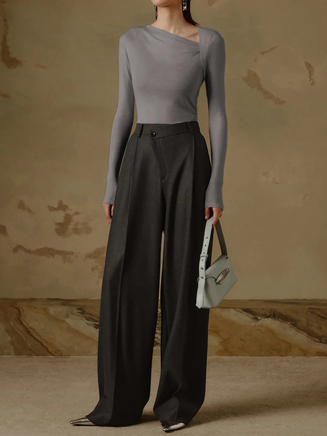 Ribbed Knit Long Sleeve Asymmetric Shirt - LA FEMME WANDERER