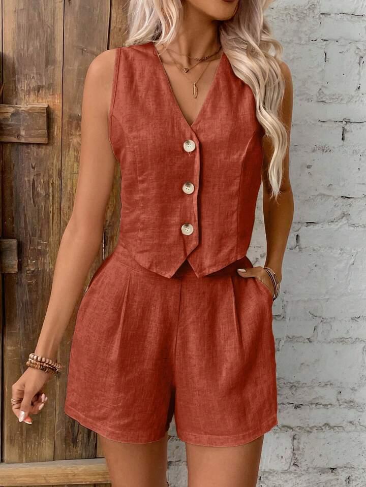 Linen Single-Breasted Button Vest And Shorts Set - LA FEMME WANDERER