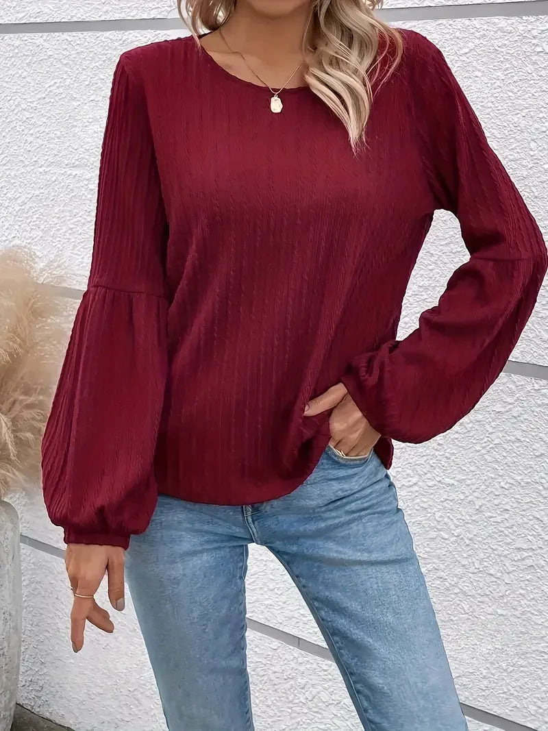 Burgundy Round Neck Casual Blouse - LA FEMME WANDERER