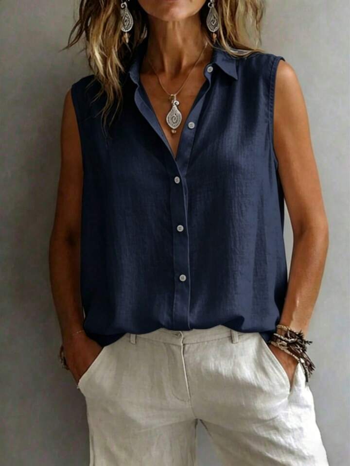 Quiet Luxury Button-Up Top – Minimalist Sleeveless Blouse for Timeless Wardrobe Staples