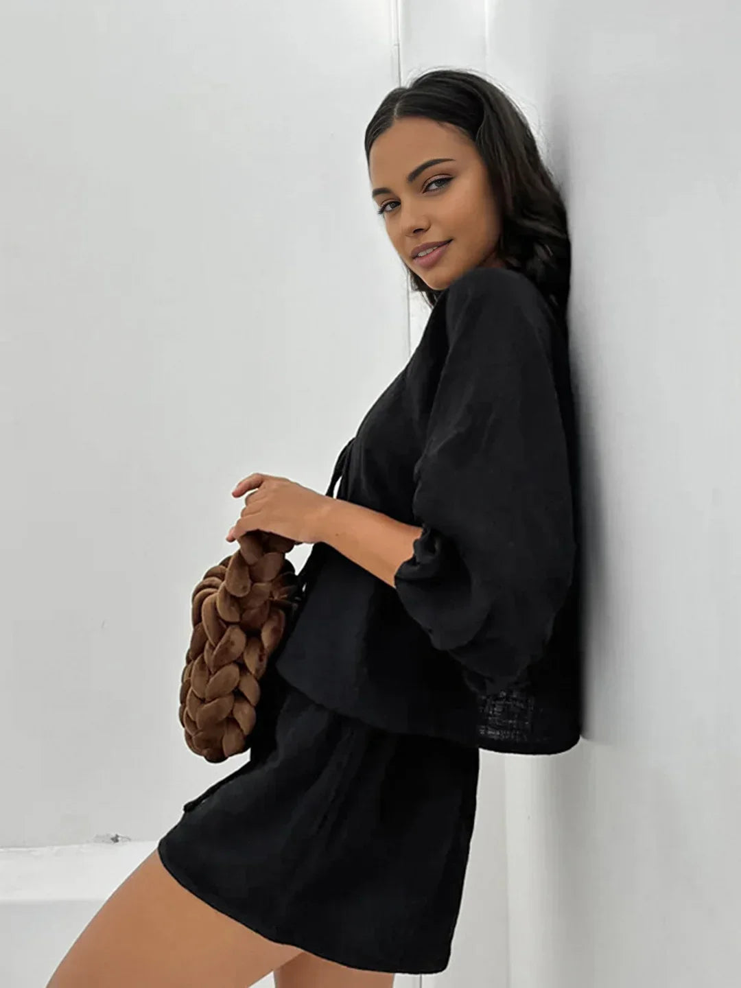 Cotton Tie-Front Long Sleeve Shorts Matching Set - LA FEMME WANDERER